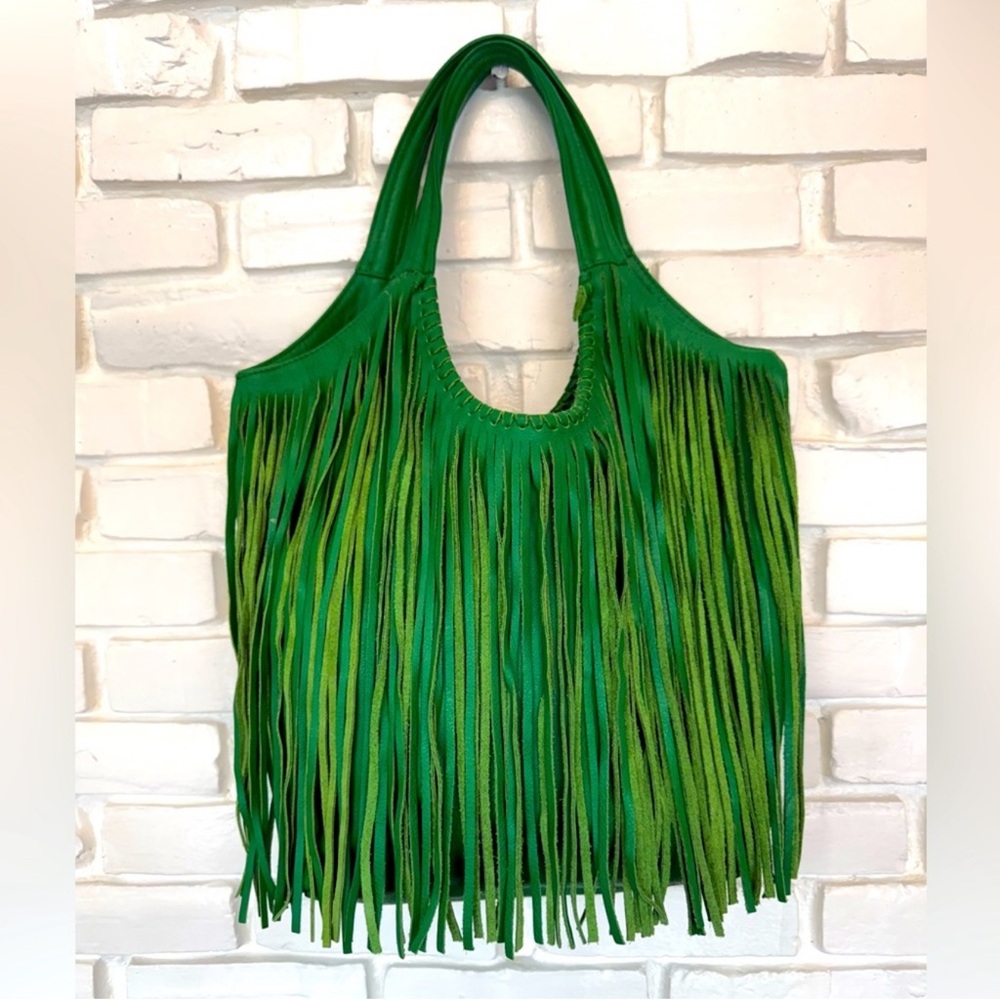 Fringe Emerald Green Leather Shoulder Bag